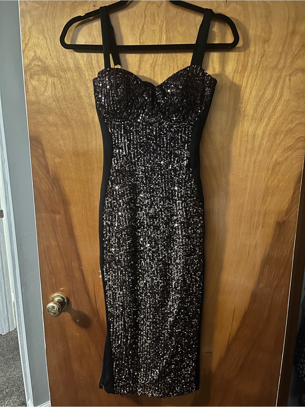 Black Sequin Midi Dress with Sweetheart Bust